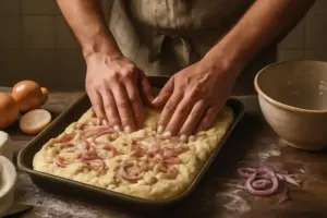 Focaccia con cipolle d’orto: la fase di preparazione che assicura morbidezza anche dopo ore