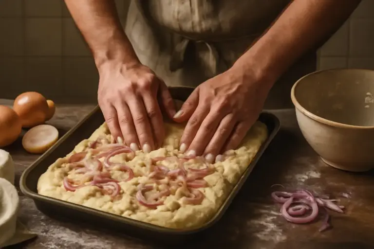 Focaccia con cipolle d’orto: la fase di preparazione che assicura morbidezza anche dopo ore
